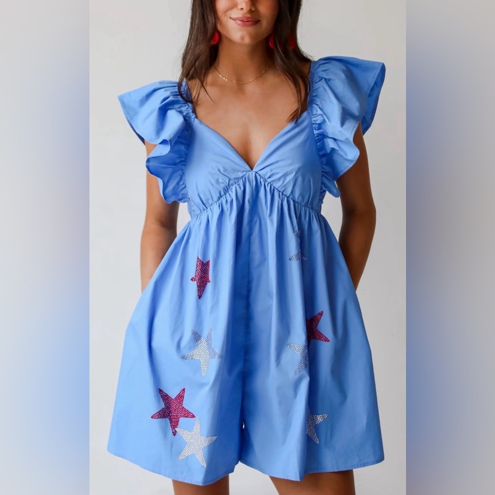 Peach Love California Americana Rhinestone Stars Ruffle Romper Large USA 🇺🇸